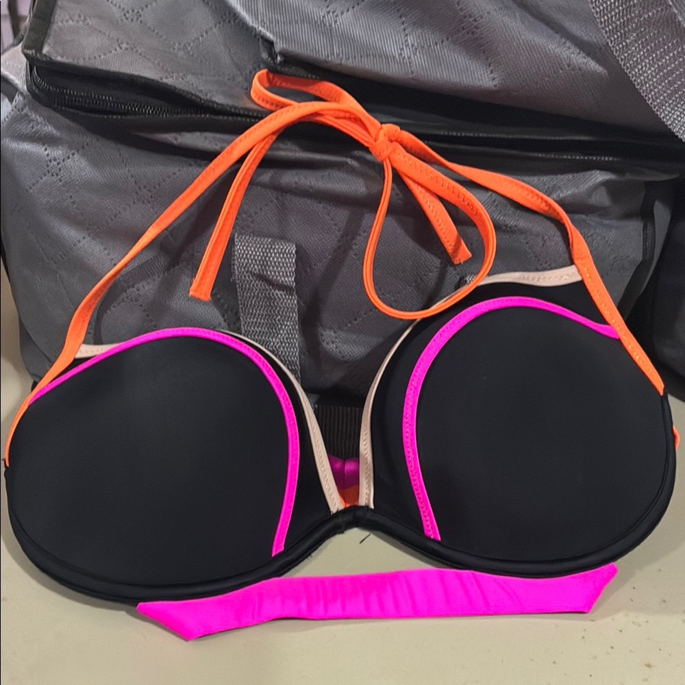 Victoria's Secret Black Bikini Top with Pink and Orange Highlights